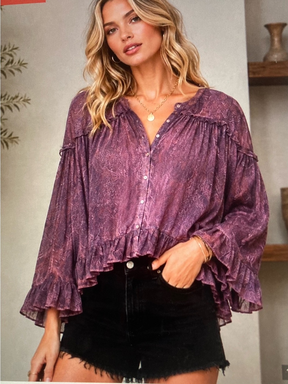 Young Threads Mulberry Boho Ruffle Button-Front Top